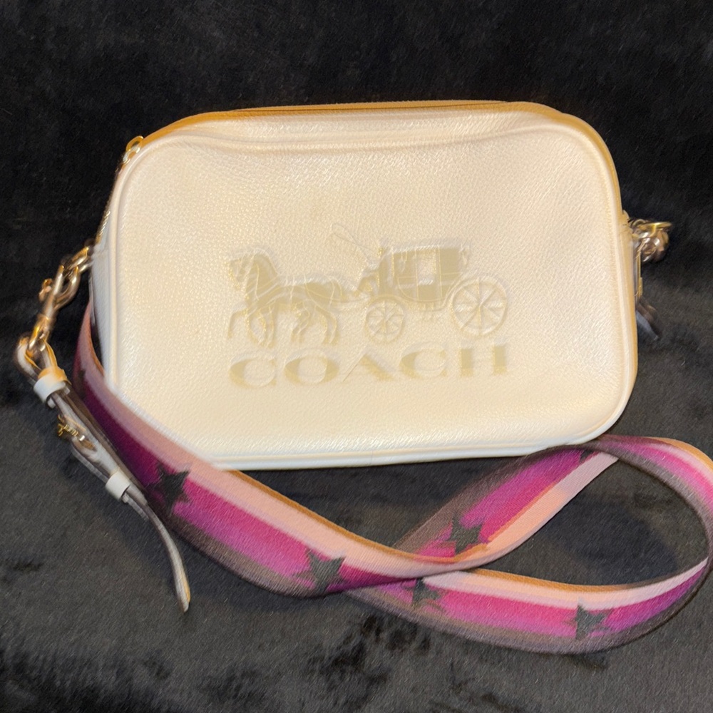 Coach Cream Crossbody Bag with Pink and Purple Strap
